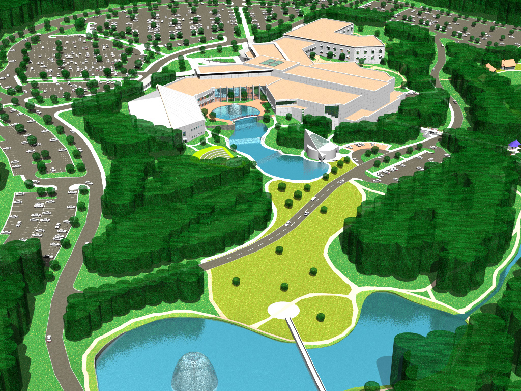 Rendering of Crossroads Community Church site, focusing on chapel garden, view from above lake